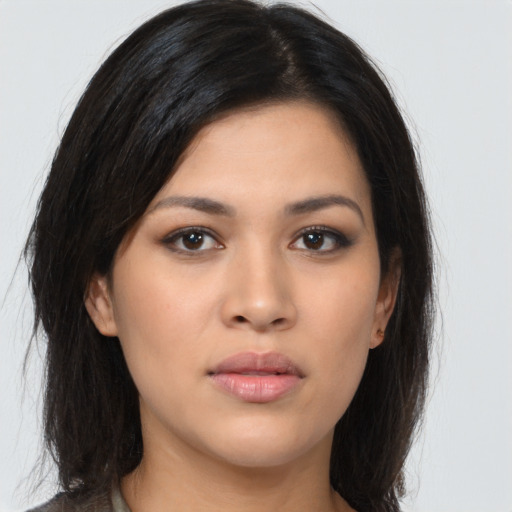 Neutral asian young-adult female with long  brown hair and brown eyes