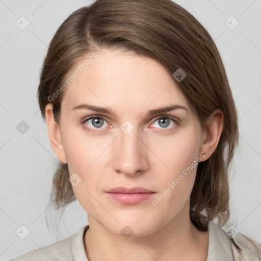 Neutral white young-adult female with medium  brown hair and grey eyes