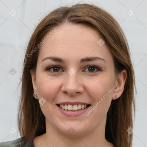 Joyful white young-adult female with long  brown hair and grey eyes