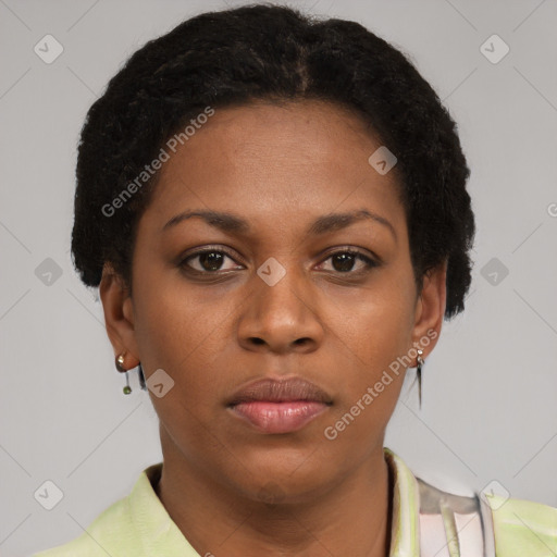 Neutral black young-adult female with short  brown hair and brown eyes