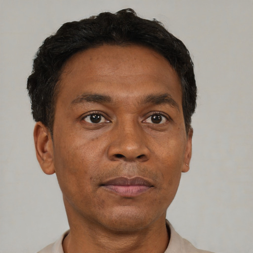 Neutral black adult male with short  brown hair and brown eyes