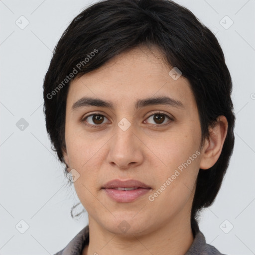 Joyful white young-adult female with medium  black hair and brown eyes