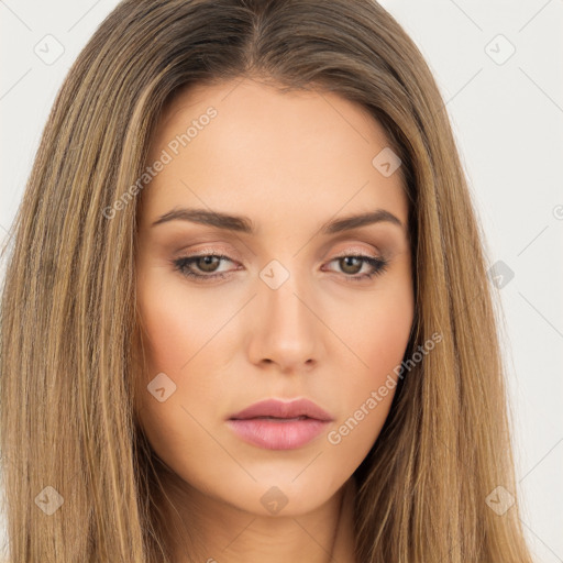 Neutral white young-adult female with long  brown hair and brown eyes