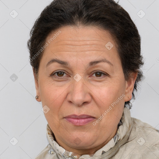 Joyful white adult female with short  brown hair and brown eyes