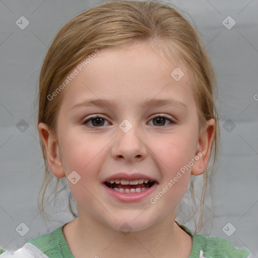 Joyful white child female with medium  brown hair and brown eyes