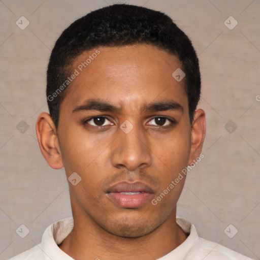 Neutral latino young-adult male with short  black hair and brown eyes