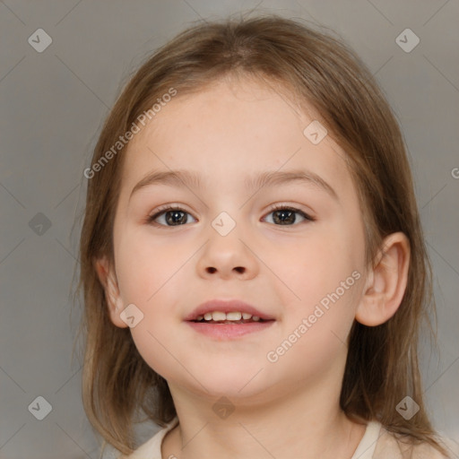 Joyful white child female with medium  brown hair and brown eyes