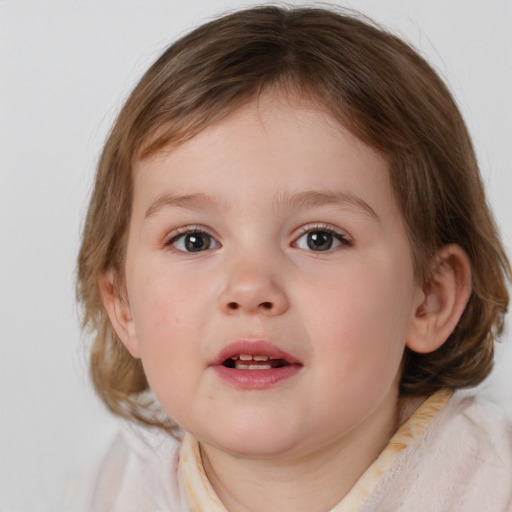 Joyful white child female with medium  brown hair and blue eyes