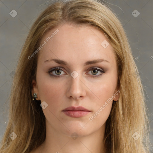 Neutral white young-adult female with long  brown hair and brown eyes