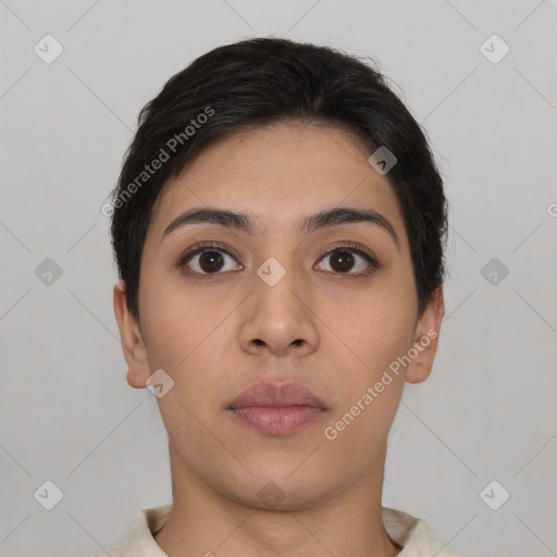 Neutral asian young-adult female with short  brown hair and brown eyes