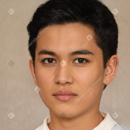 Neutral asian young-adult male with short  brown hair and brown eyes