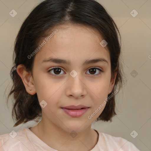 Joyful white child female with medium  brown hair and brown eyes