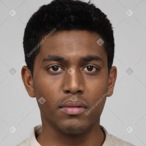 Neutral black young-adult male with short  black hair and brown eyes