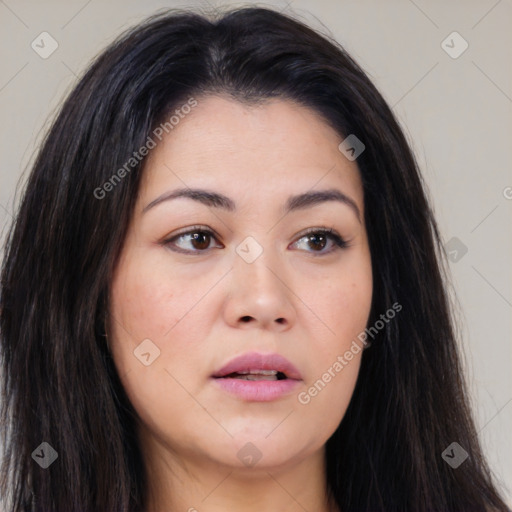 Neutral asian young-adult female with long  brown hair and brown eyes