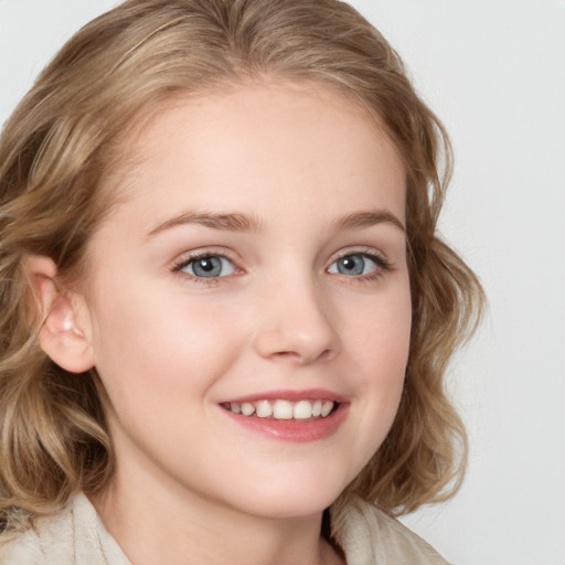 Joyful white child female with medium  brown hair and blue eyes