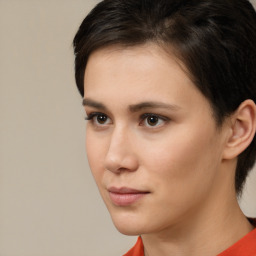 Neutral white young-adult female with short  brown hair and brown eyes