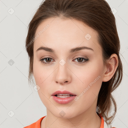 Neutral white young-adult female with medium  brown hair and grey eyes