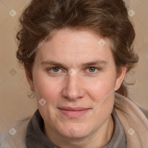 Joyful white young-adult male with medium  brown hair and brown eyes