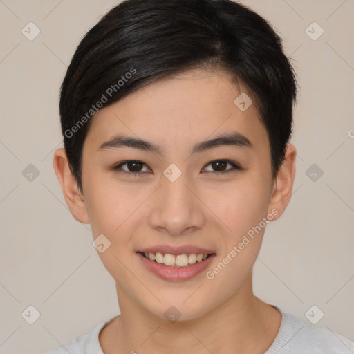 Joyful asian young-adult female with short  brown hair and brown eyes