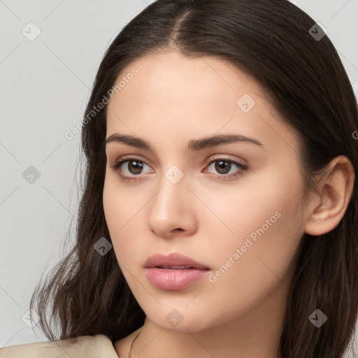 Neutral white young-adult female with long  brown hair and brown eyes