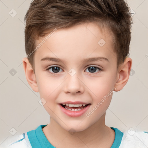 Joyful white child male with short  brown hair and brown eyes