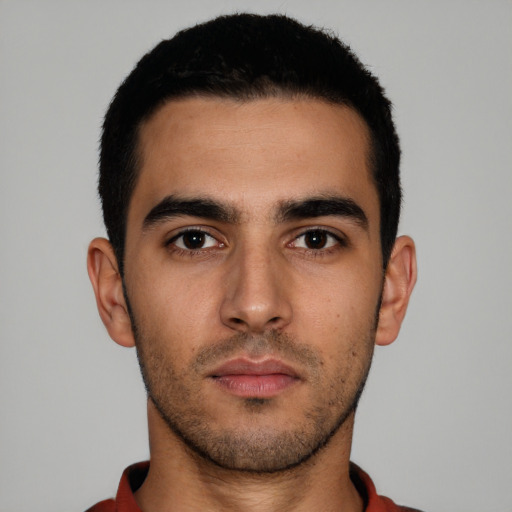 Neutral latino young-adult male with short  black hair and brown eyes