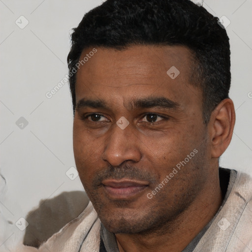 Joyful black adult male with short  black hair and brown eyes