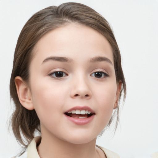 Joyful white child female with medium  brown hair and brown eyes