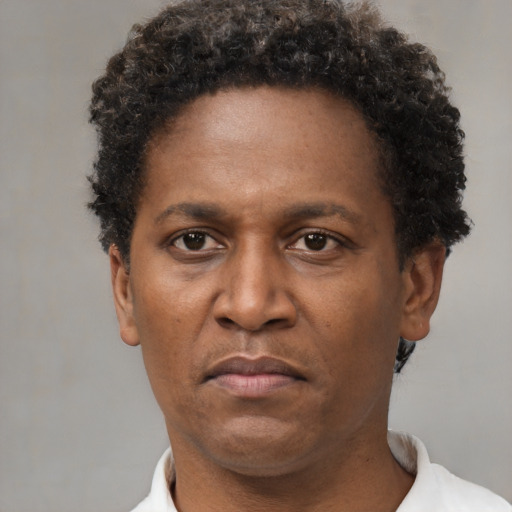 Neutral black adult male with short  brown hair and brown eyes