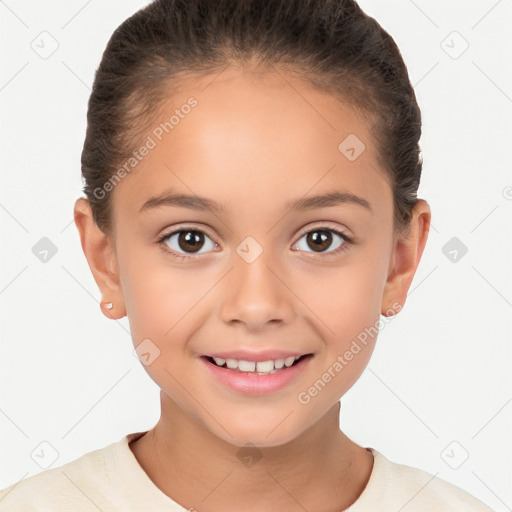 Joyful white child female with short  brown hair and brown eyes