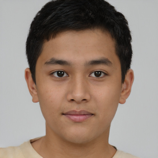 Neutral asian young-adult male with short  brown hair and brown eyes