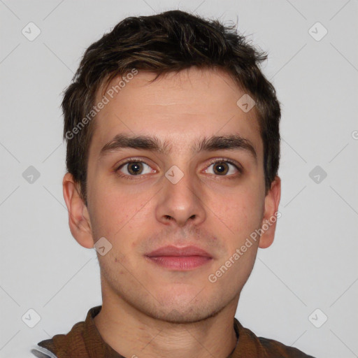 Neutral white young-adult male with short  brown hair and brown eyes