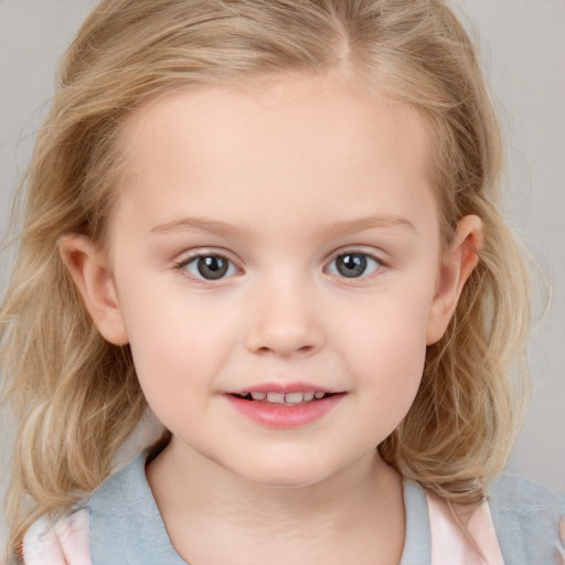 Joyful white child female with medium  brown hair and blue eyes