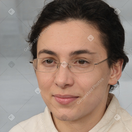 Joyful white adult female with medium  brown hair and brown eyes