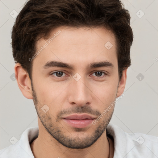 Neutral white young-adult male with short  brown hair and brown eyes