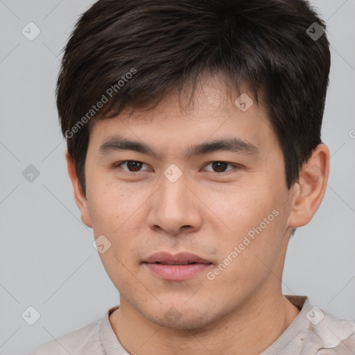Neutral asian young-adult male with short  brown hair and brown eyes