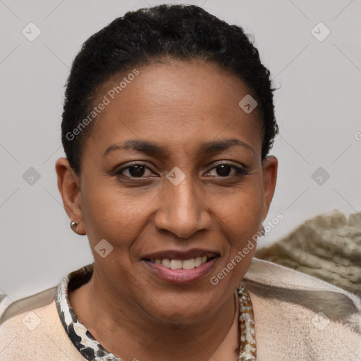 Joyful black adult female with short  brown hair and brown eyes