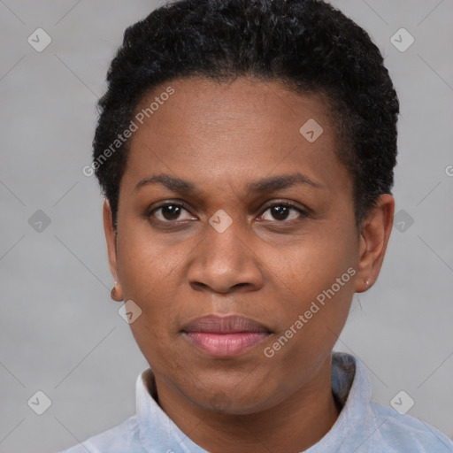 Joyful black adult female with short  black hair and brown eyes