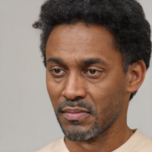 Neutral black adult male with short  black hair and brown eyes