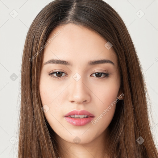 Neutral white young-adult female with long  brown hair and brown eyes