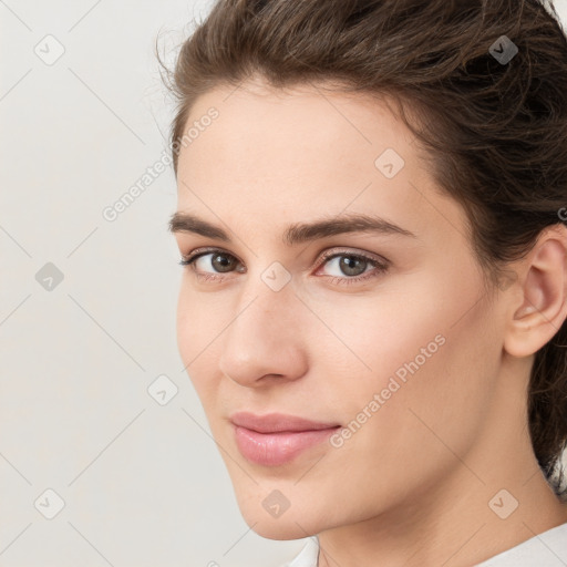 Neutral white young-adult female with medium  brown hair and brown eyes