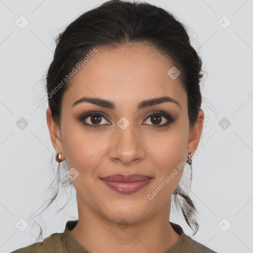 Joyful latino young-adult female with long  brown hair and brown eyes