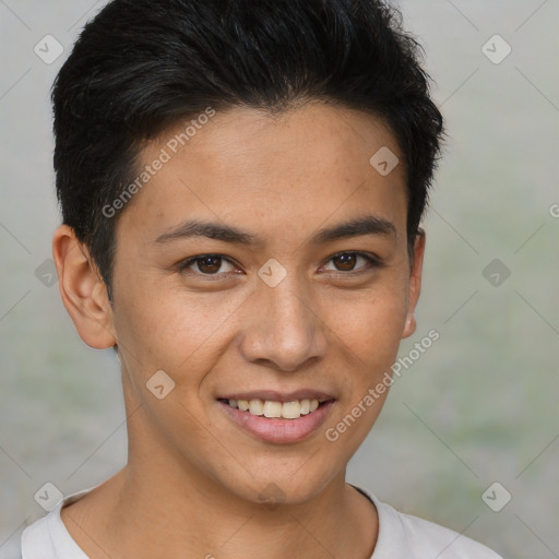Joyful white young-adult female with short  brown hair and brown eyes