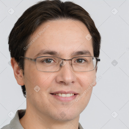 Joyful white adult male with short  brown hair and grey eyes