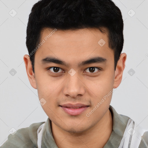 Joyful white young-adult male with short  black hair and brown eyes