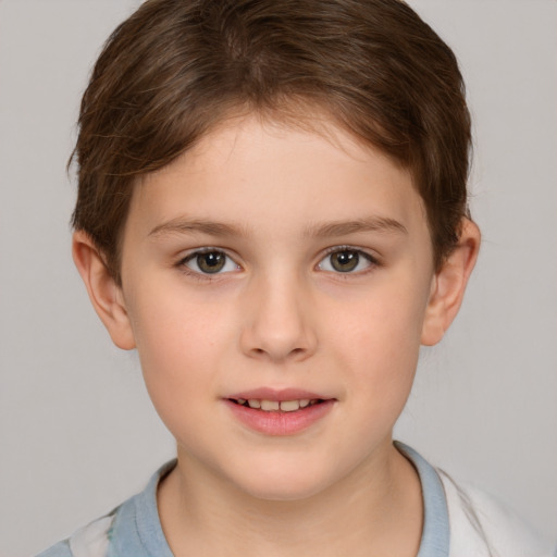 Joyful white child female with short  brown hair and brown eyes