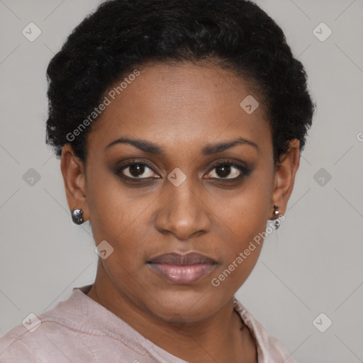Joyful black young-adult female with short  black hair and brown eyes