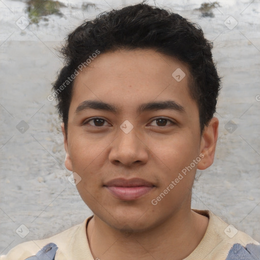 Joyful latino young-adult male with short  brown hair and brown eyes