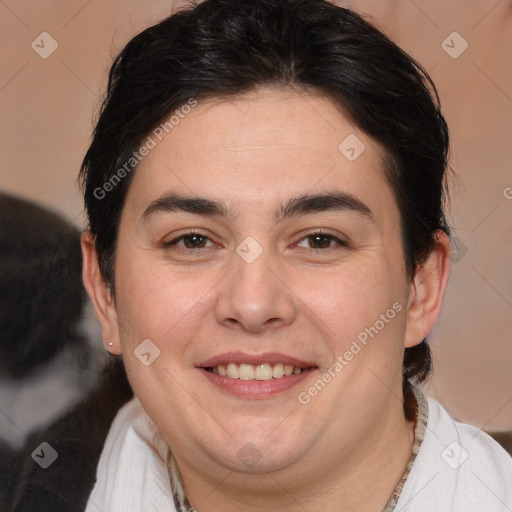 Joyful white young-adult male with medium  brown hair and brown eyes