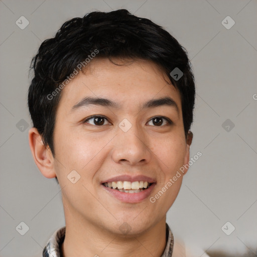 Joyful asian young-adult male with short  black hair and brown eyes